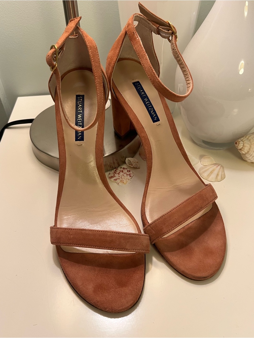 Stuart Weitzman Suede Ankle-Strap Sandals in Desert Rose